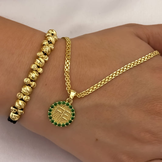 Cadena Tejido Chino de Dama de 45cm de 3mm + Dije de Fe con Micro Circones Verde Esmeralda + Pulsera Doble Carril Balin Italiano e 4mm en Oro Laminado 18k