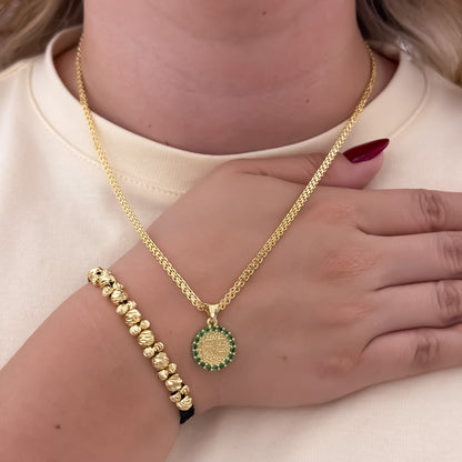 Cadena Tejido Chino de Dama de 45cm de 3mm + Dije de Fe con Micro Circones Verde Esmeralda + Pulsera Doble Carril Balin Italiano e 4mm en Oro Laminado 18k