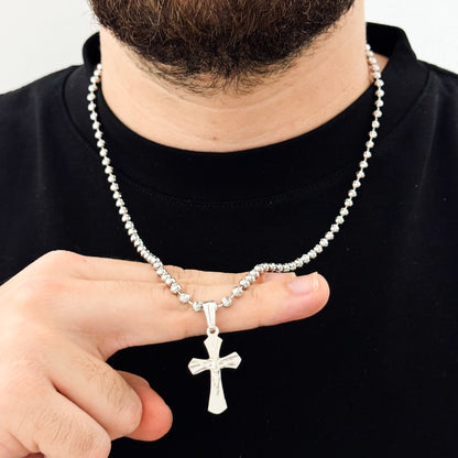 Cadena Militar de Hombre Diamantada de 60cm de 3mm + Cruz Cristo Madero en Plata 925 con Garantia de por vida