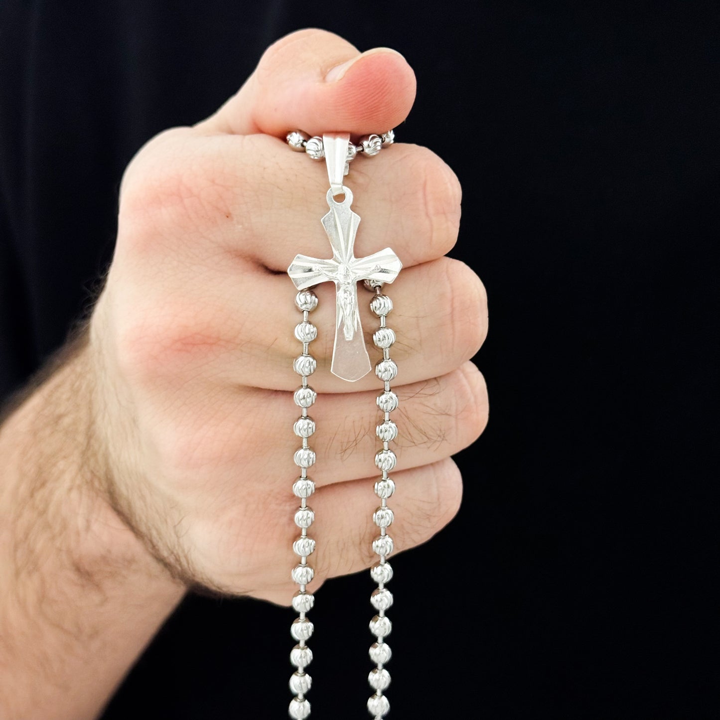 Cadena Militar de Hombre Diamantada de 60cm de 3mm + Cruz Cristo Madero en Plata 925 con Garantia de por vida