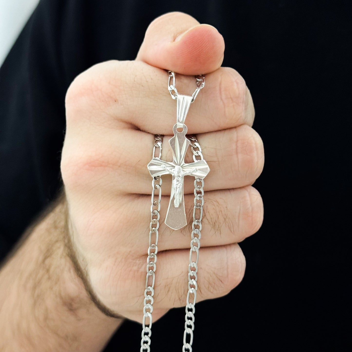 Cadena Tejido Catier de Hombre de 60cm de 3mm + Cruz Cristo Madero en Plata 925 Garantizado