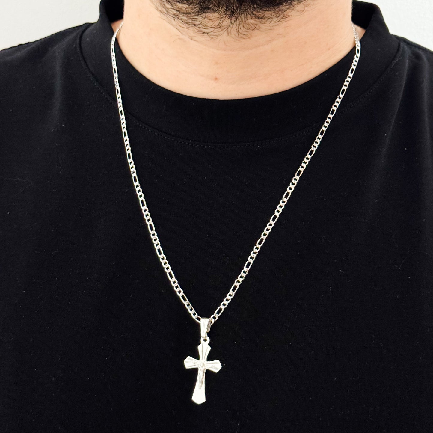 Cadena Tejido Catier de Hombre de 60cm de 3mm + Cruz Cristo Madero en Plata 925 Garantizado