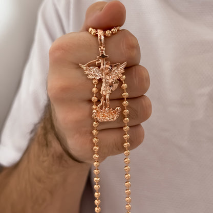 Cadena Tejido Militar Diamantada ORO ROSA  de 60cm de 4mm + San Miguel Arcángel en Oro Lamiando 18k Rosa con Garantía de  por vida