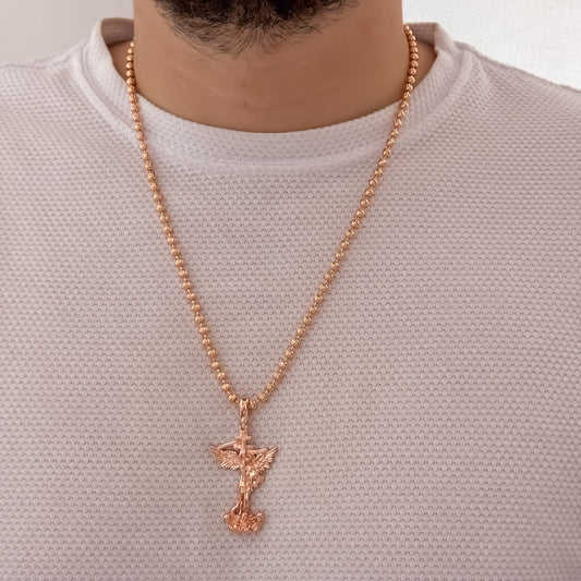 Cadena Tejido Militar Diamantada ORO ROSA  de 60cm de 4mm + San Miguel Arcángel en Oro Lamiando 18k Rosa con Garantía de  por vida