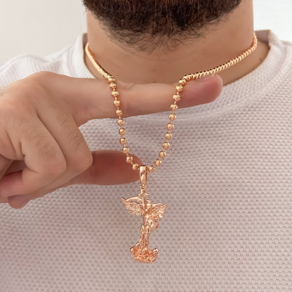 Cadena Tejido Militar Diamantada ORO ROSA  de 60cm de 4mm + San Miguel Arcángel en Oro Lamiando 18k Rosa con Garantía de  por vida