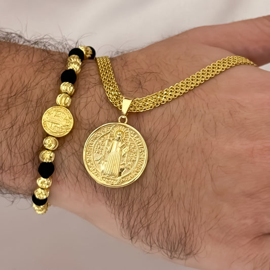 Cadena Tejido Chino de 60cm de 5m Grueso + San Benito Redondo + Pulseras Italiana de 6mm con Neopreno en Oro laminado 18k con Garantia de por vida