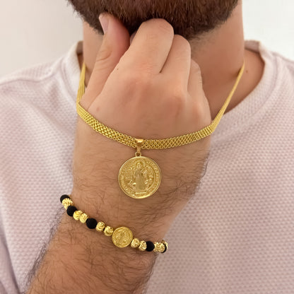 Cadena Tejido Chino de 60cm de 5m Grueso + San Benito Redondo + Pulseras Italiana de 6mm con Neopreno en Oro laminado 18k con Garantia de por vida