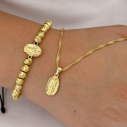Juega de Cadena Tejido Singapur de 45cm de 2mm de Grosor + Virgen de Guadalupe Talla de Protección +  Pulsera de Virgen Guadalupe en Balin Italiano en Oro Laminado 18k con Garantia de por vida