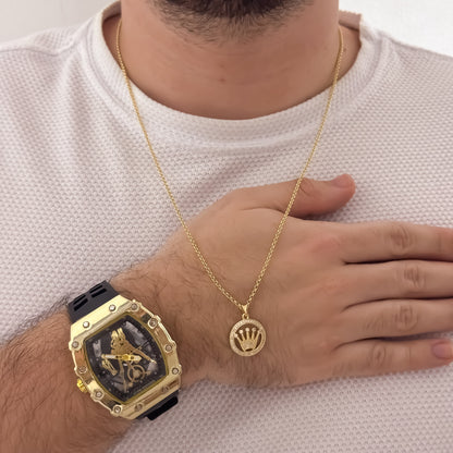 Cadena Cubana Delgada de Hombre de 60cm de 2mm + Corona Rolex Micro Circones Cristales + Reloj Richard en Oro Laminado 18k con Garantía de por  vida
