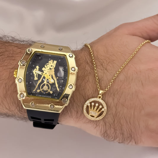 Cadena Cubana Delgada de Hombre de 60cm de 2mm + Corona Rolex Micro Circones Cristales + Reloj Richard en Oro Laminado 18k con Garantía de por  vida