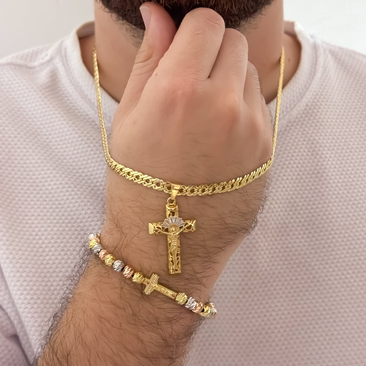 Cadena Cubana Cruzada de 60cm de 5mm + Cruz Cristo Madero + Pulsera de Cruz   de 3 Oros en Balin Italiano en Oro Lamiando 18k con Garantia de por vida