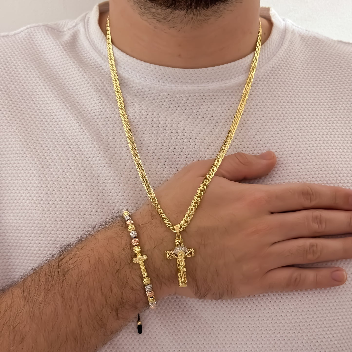 Cadena Cubana Cruzada de 60cm de 5mm + Cruz Cristo Madero + Pulsera de Cruz   de 3 Oros en Balin Italiano en Oro Lamiando 18k con Garantia de por vida