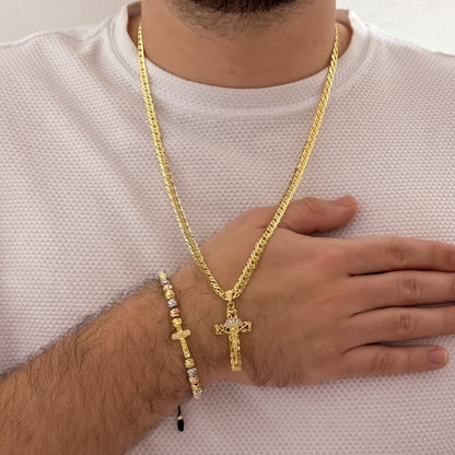 Cadena Cubana Cruzada de 60cm de 5mm + Cruz Cristo Madero + Pulsera de Cruz   de 3 Oros en Balin Italiano en Oro Lamiando 18k con Garantia de por vida