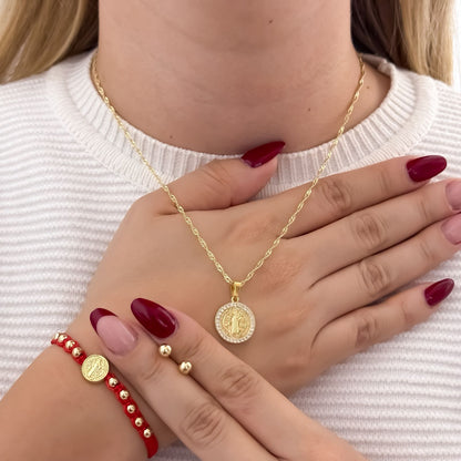 Cadena Tejido Singapur de Dama de 45cm + San Benito con Micro Circones Cristales + Topo Balin de 6m + Pulsera San Benito Protección Hilo Rojo en Oro Laminado 18k con  Garantia de por vida