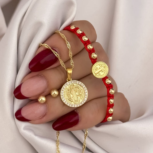 Cadena Tejido Singapur de Dama de 45cm + San Benito con Micro Circones Cristales + Topo Balin de 6m + Pulsera San Benito Protección Hilo Rojo en Oro Laminado 18k con  Garantia de por vida
