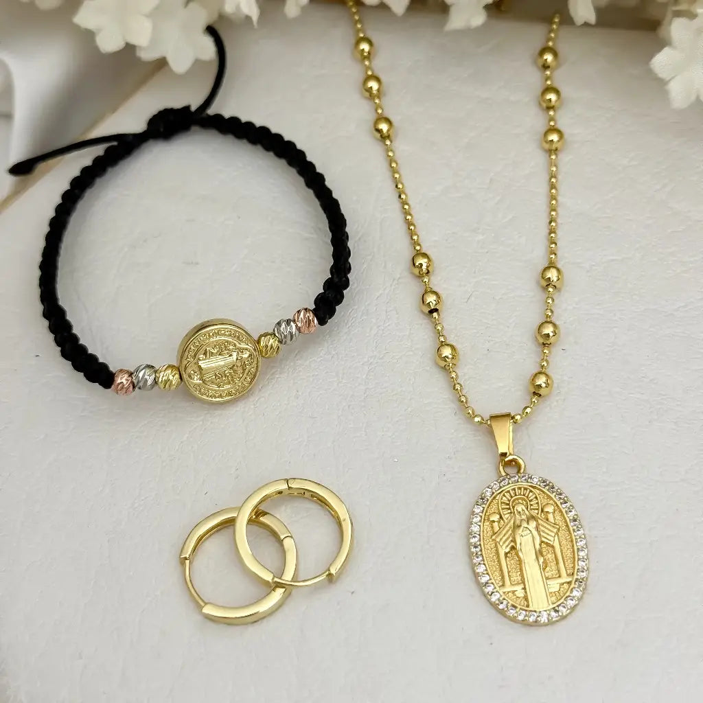 Conjunto San Benito cadena + Pulsera San Benito + Candongas en Oro laminado 18k con Garantia de por vida