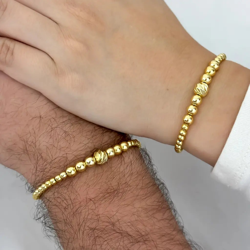 2 Pulseras Union para parrejass Full Balines 4mm con Bola de la mitad Italiana en Oro laminado 18k con Garantia de por vida