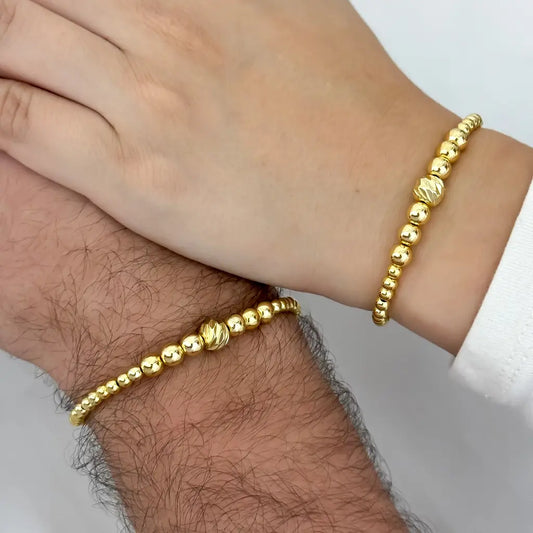 2 Pulseras Union para parrejass Full Balines 4mm con Bola de la mitad Italiana en Oro laminado 18k con Garantia de por vida