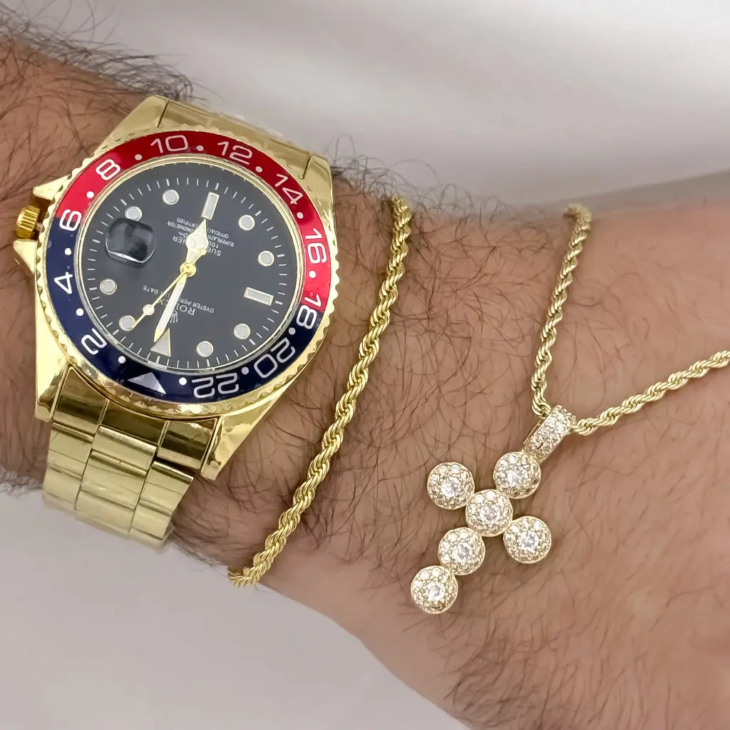 Cadena Tejido Lazo de Hombre de 60cm de 3mm de Grosor + Cruz Cristo con Circones Cristales de Pidras swarosky +Pulsera Lazo de 20cm de 3mm Grosor en oro Laminado |18k con Garantía de por vida  + Reloj Rolex de Alta Gama con Garantia
