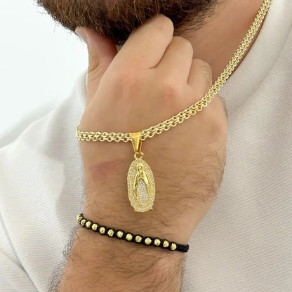 Conjunto Cadena Tejido Chino 60cm -5mm de Grosor + Virgen Guadalupe con Circones + Pulsera Balin italiano 5mm en  Oro Laminado 18k con Garantia de por vida
