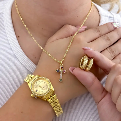 Cadena Singapur de Dama +  Dije Cruz Vicolor + Candongas Diamantadas en Oro Laminado 18k con garantia de por vida + Reloj  rolex de Dama Alta gama con Garantia