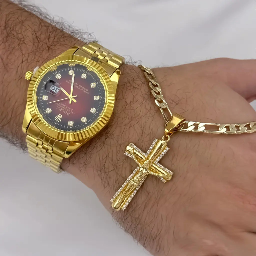 Cadena Tejido Catier de Hombre 60cm  + Cruz cristo Madero con Micro circones en Oro Laminado 18k con  Garantia de por vida