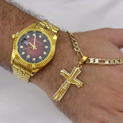 Cadena Tejido Catier de Hombre 60cm  + Cruz cristo Madero con Micro circones en Oro Laminado 18k con  Garantia de por vida