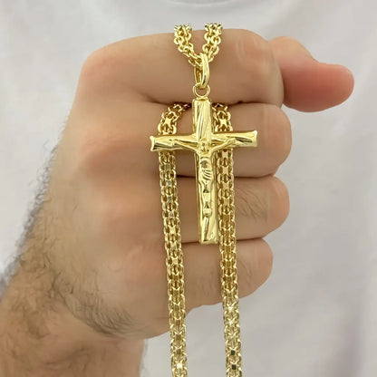 Cadena Tejido Chino Hombre Gruesa de 60cm + Cruz Cristo madero en Oro Laminado 18k con garantia de por vida