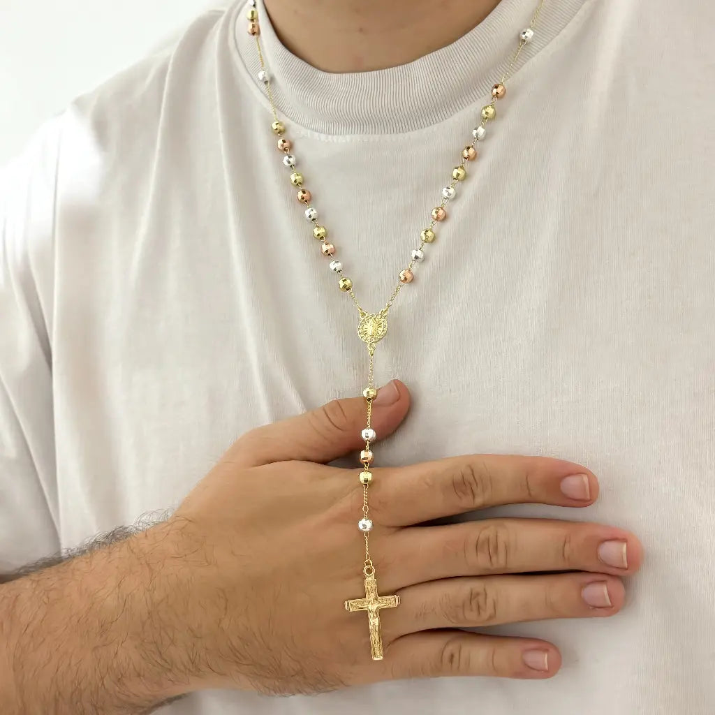 CAMANDULA DE VIRGEN DE GUADALUPE DE 3 OROS BALIN ITALAINO 8MM EN ORO LAMINADO 18K CON GARANTIA DE POR VIDA