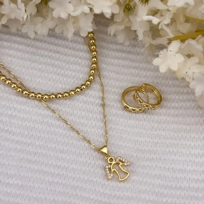 Conjunto para Dama de Cadena Militar de Dama en Choker de 40cm + Cadena Singapur de Dama de 50cm + Dije de Angel Protector  + Candongas con micro circones en Oro Laminado 18k con Garantia de por vida