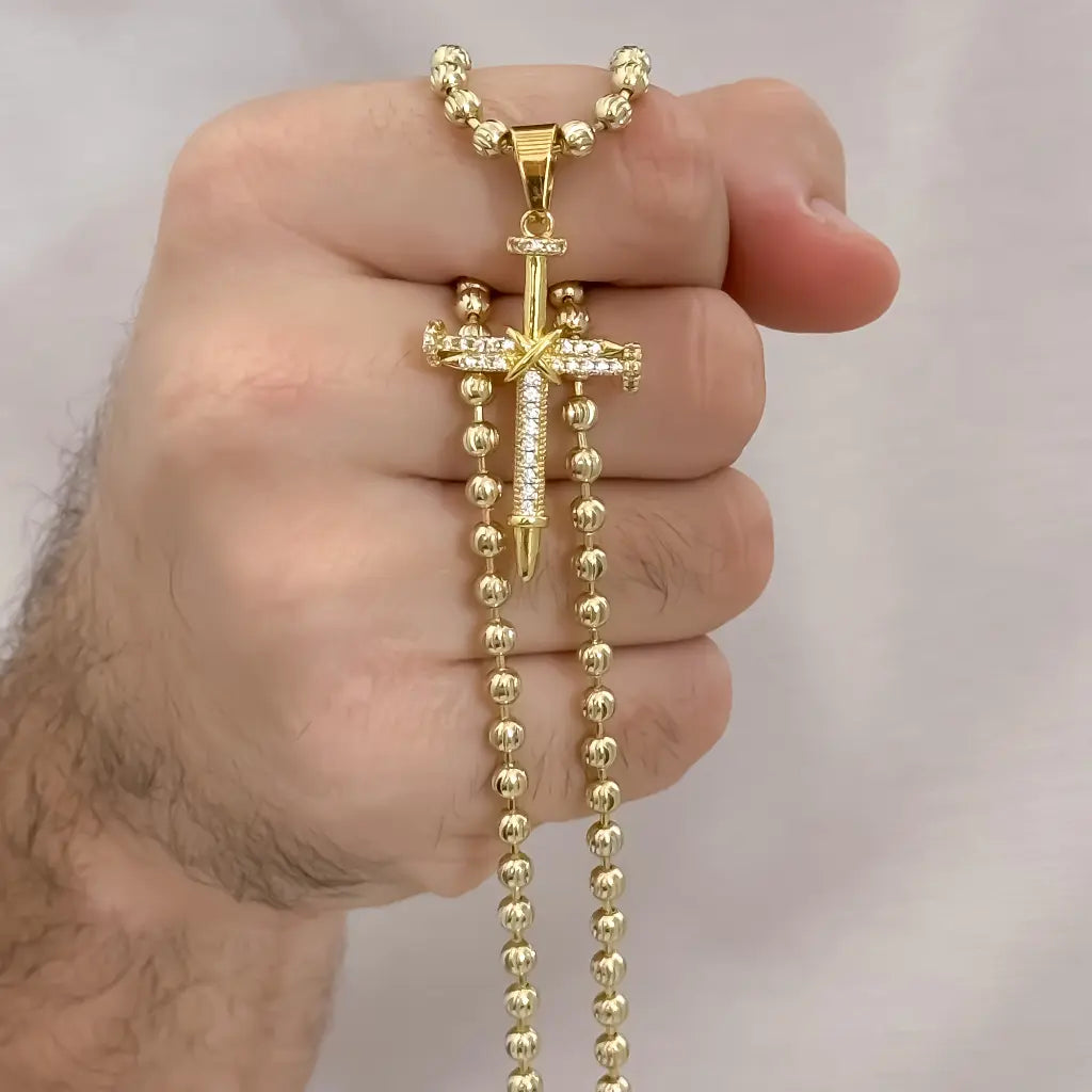 Cadena Tejido Militar de hombre de 60cm de 4.5mm de Grosor + Cruz Clavo de Micro circones Cristales  en Oro Laminado 18k con Garantia de por vida