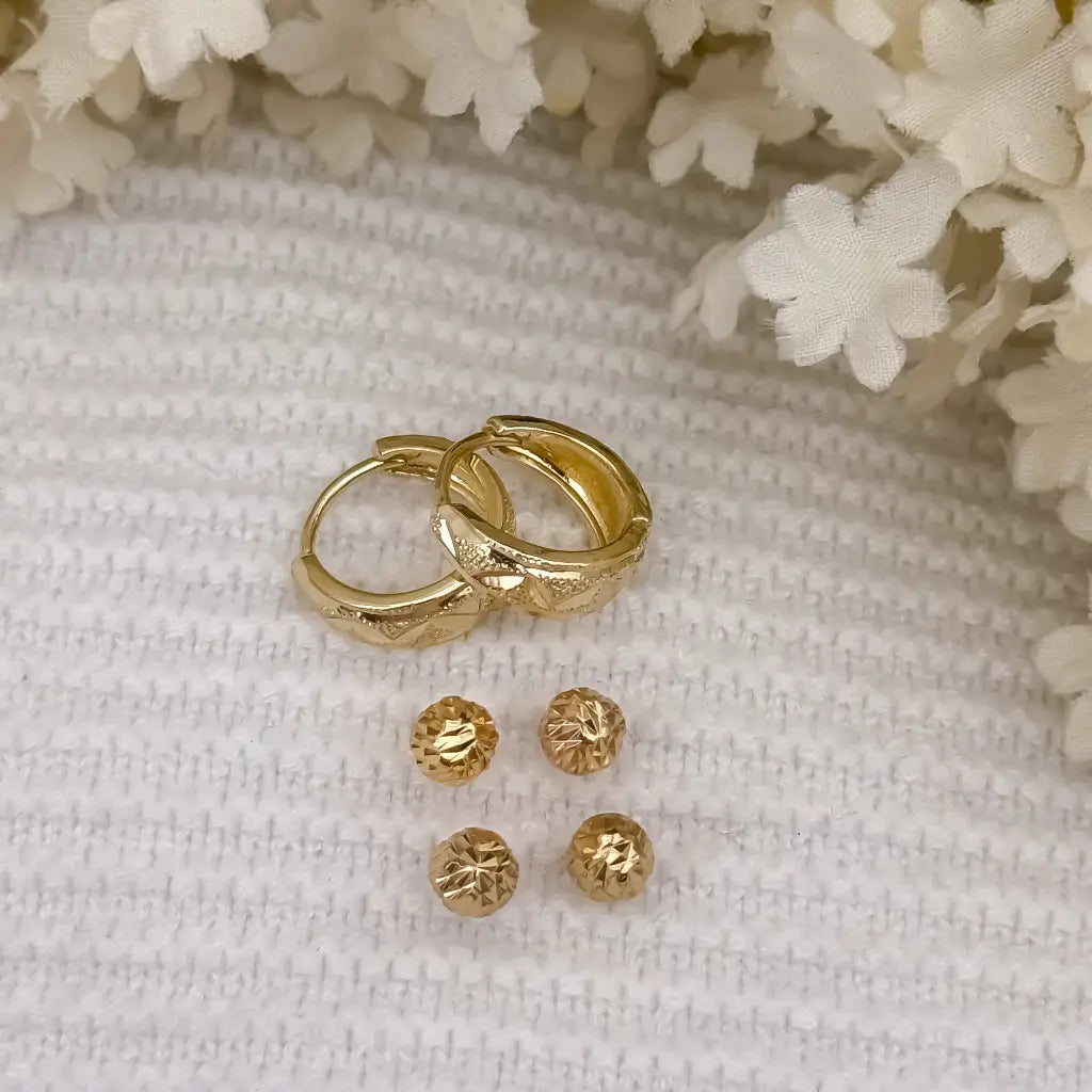 Juego de Candongas Diamantada Mediana + Topo Balin Diamantado  de 4mm - 5mm en Oro Laminado 18k con Garantia de por vida