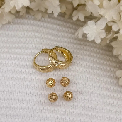 Juego de Candongas Diamantada Mediana + Topo Balin Diamantado  de 4mm - 5mm en Oro Laminado 18k con Garantia de por vida