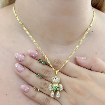 Cadena Tejid Chino de Dama de 45CM + Oso Articulado Circones  Verde Esmeralda +Trio de Topos Verde Esmeralda Pequeño Mediano y Grande en Oro Laminado 18k con Garantia de por vida