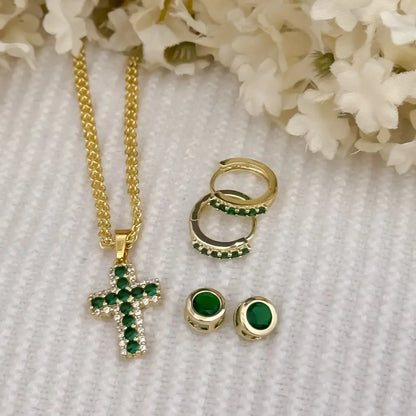 Cadena Tejido chino de dama de 45cm -3mm de grosor + Cruz Verde Esmeralda + Candongas verde esmeralda + Topo verde Esmeralda en oro Laminado 18k con Garantia de por vida