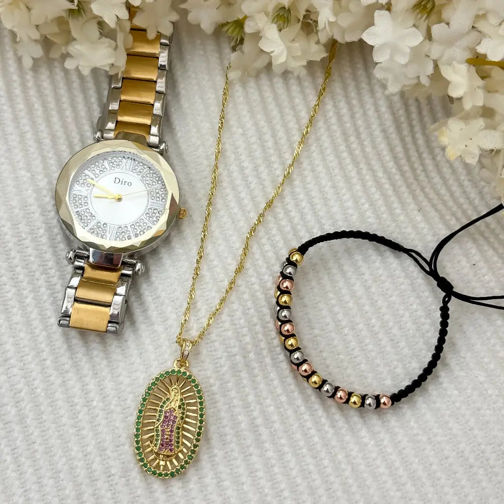 Cadena Tejido Singapur 45cm + Virgen Guadalupe con Circones Verde + Pulsera Doble Balin 4mm de 3 Oros en Oro Laminado 18k  + Reloj Dior  con garantia de por Vida