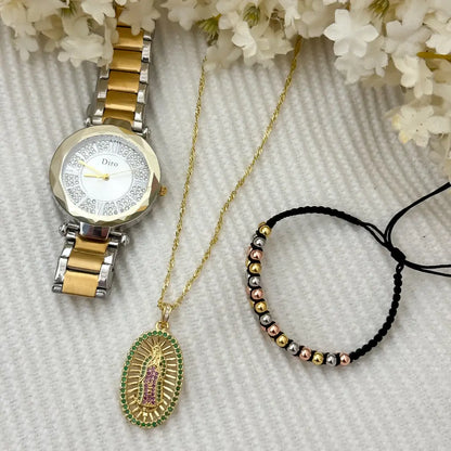 Cadena Tejido Singapur 45cm + Virgen Guadalupe con Circones Verde + Pulsera Doble Balin 4mm de 3 Oros en Oro Laminado 18k  + Reloj Dior  con garantia de por Vida