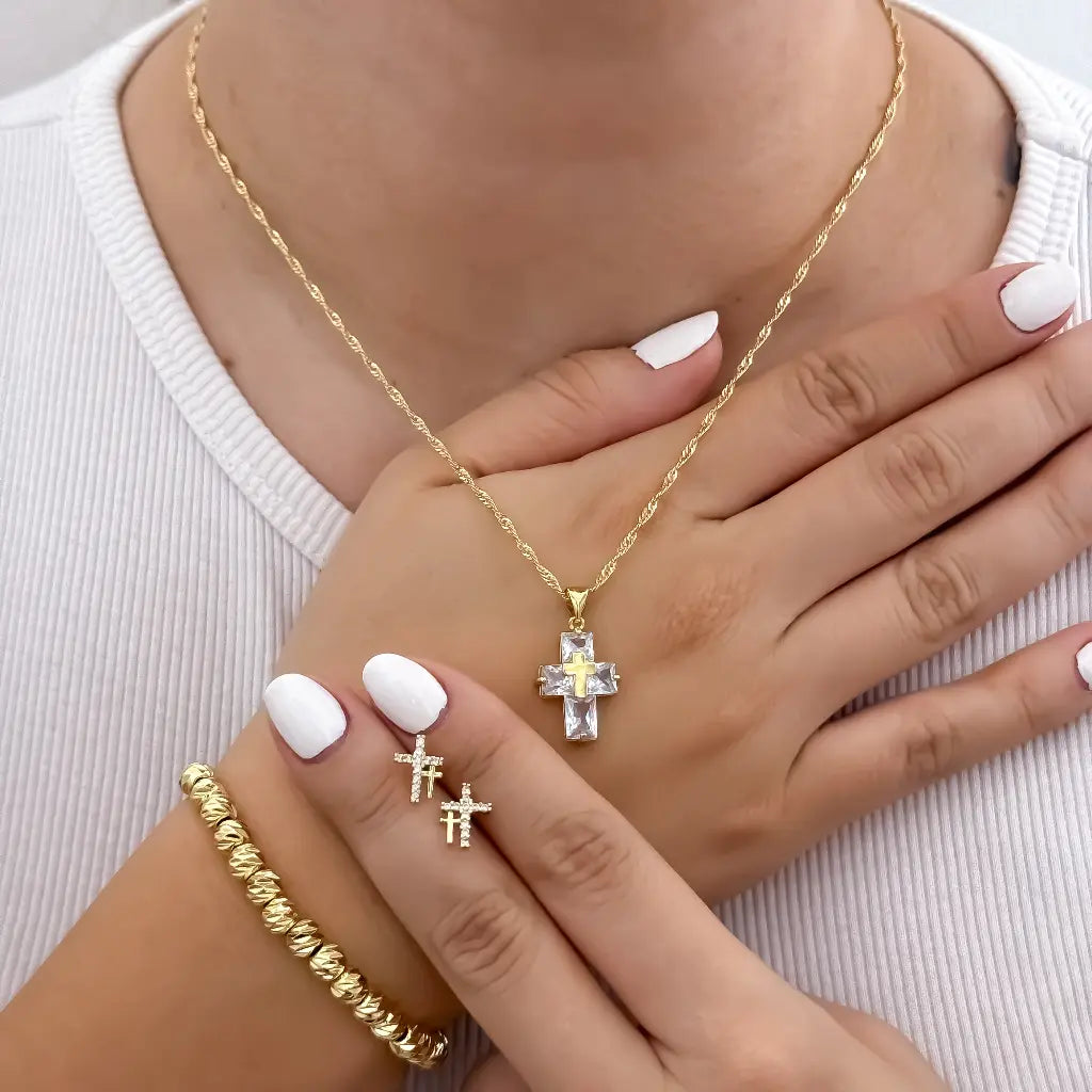 Cadena Tejido Singapur de Dama de 45cm + cruz con circones cristales +Topo Cruz + Pulsera Balin italiano de 5mm en oro Laminado 18k con Garantia de por vida