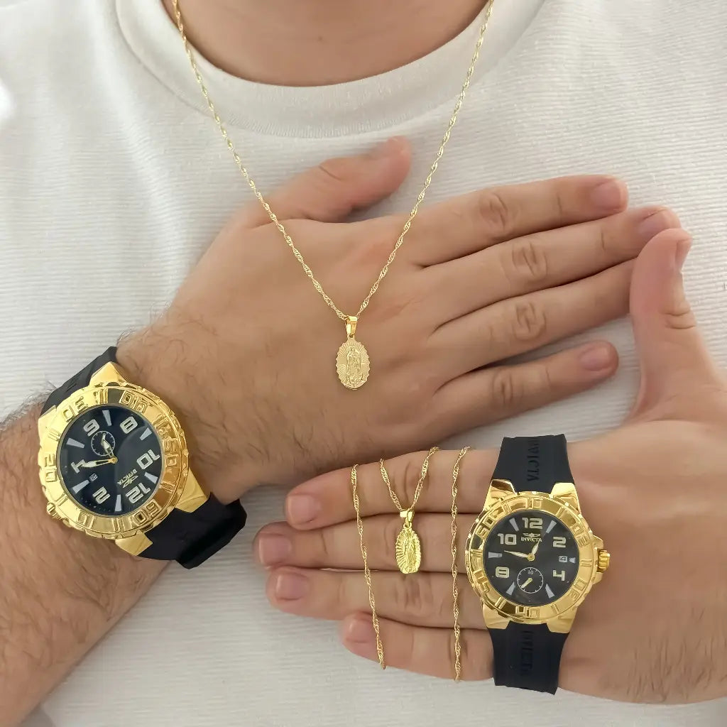 Juego de Cadena para Parejas Tejido Singapur Virgen de Guadalupe Dama de 45cm + Hombre de 60cm  + Reloj de Parejas Invicta en Oro Laminado 18k con Garantia de por vida