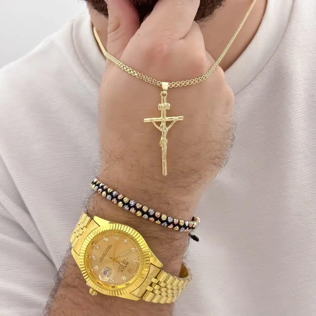 Cadena Tejido chino de Hombre 60cm 3 de Grosor + Cristo Madero de Proteccion + Pulsera Doble Balin Italiano de 5mm de 3 oro Laminado 18k con garantia de por vida