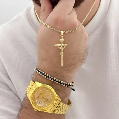 Cadena Tejido chino de Hombre 60cm 3 de Grosor + Cristo Madero de Proteccion + Pulsera Doble Balin Italiano de 5mm de 3 oro Laminado 18k con garantia de por vida