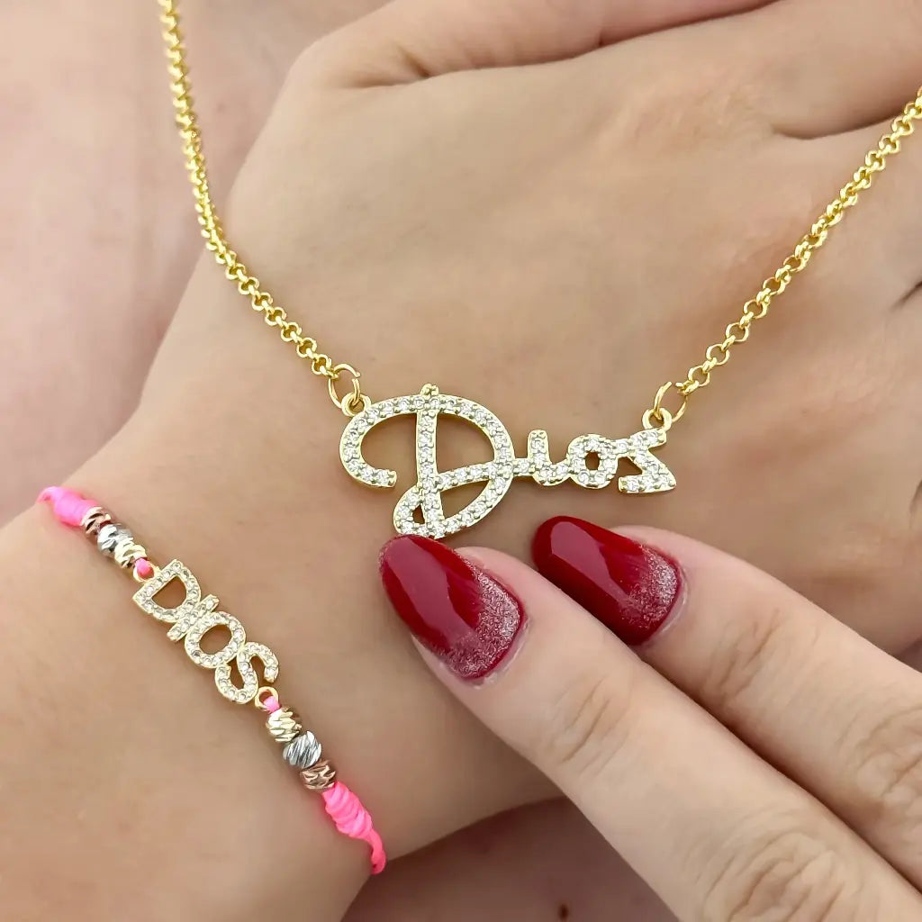 Collar  para Dama Dije de Dios + Pulsera de Dios en  Baño de Oro de 14k con Garantia de por vida