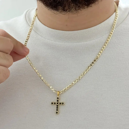 Cadena Cubana de Hombre Gruesa de 60cm de 5mm de Grosor + Cruz Trebol con Micro circones negro en Oro Laminado 18k con Garantia de por vida
