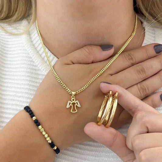 Conjunto de cadena cubana de Dama 45cm-2m + Dije Angel de Guarda + Canongas melcochas + Pulsera Balin 4mm en Oro laminado 18k con Garantia de por vida