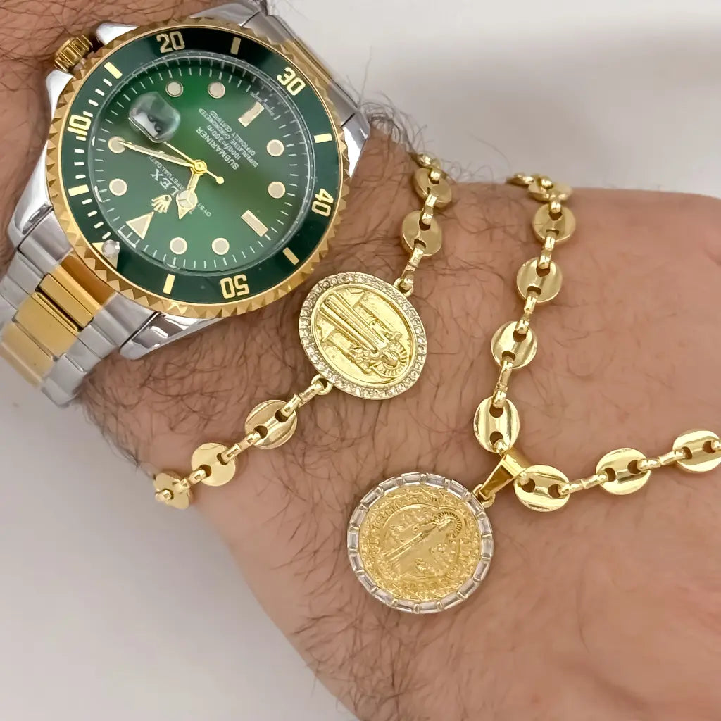 Juego de cadena Tejido Gucci de hombre 60cm + Dije San Benito Proteccion + Pulsera de san Benito Tejido Gucci Proteccion de toda las malas Energia en Oro Laminado 18k con Garantia de por vida + Reloj Rolex de alta Gama