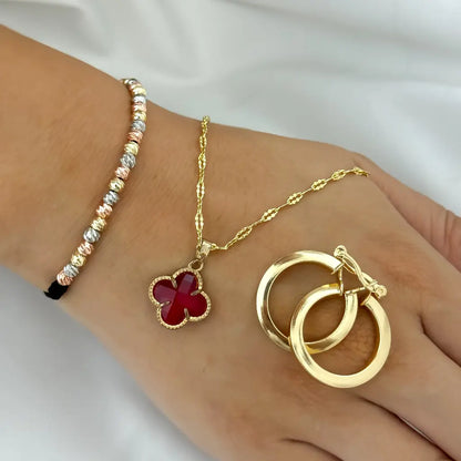 Conjunto de Dama Cadena Tejido Crispeta + Flor Trebol Rojo + pulsera Balin 4mm Italiano + Candongas lisa en Oro Laminado 18k con Garantia de por vida