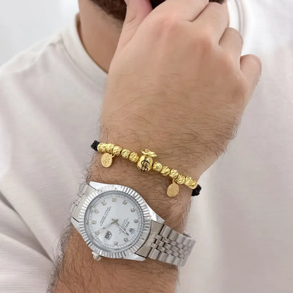 Manilla Abundancia Y Proteccion de San Miguel y San Benito  Balin italiano de 4mm con bolsa de dinero en Oro Laminado 18k con Garantia de por vida + Reloj de Alta Gama en oro laminado 18k con garantia de por vida