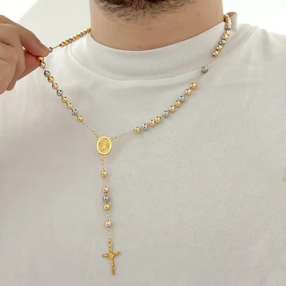 CAMANDULA DE VIRGEN DE GUADALUPE DE  3 OROS 65CM BALIN 7MM EN BAÑO DE ORO DE 18K CON GARANTIA