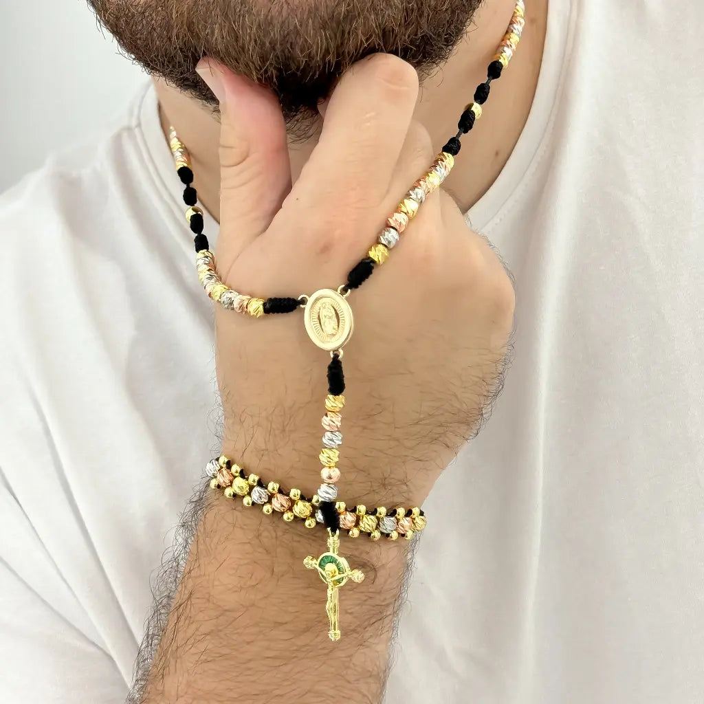 Camandula de 3 Oros Balin 6mm + Pulsera 3 carriles en 3 oros Balin Oro Laminado 18k con Garantia de por vida