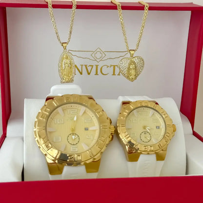 Juego de Cadenas para Parejas  Tejido Chino Hombre 60cm + Dama 45cm + Dije de Virgen Guadalupe Proteccion en Oro Laminado 18k con Garantia de por vida  + Reloj Invicta de parejas  con Garantia